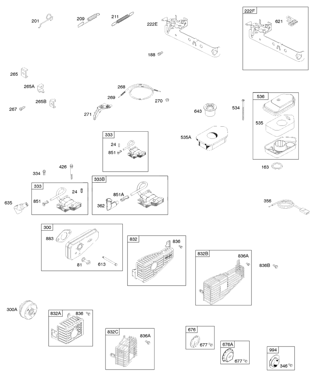 Air Cleaner, Controls, Exhaust System, Governor Spring, Ignition Diagram and Parts List for 9D902-2083-XX  Briggs and Stratton Engine